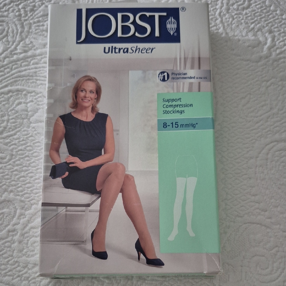 JOBST UltraSheer 8-15 mmHg Thigh High Stockings w/Silicone Lace Band Silky Beige